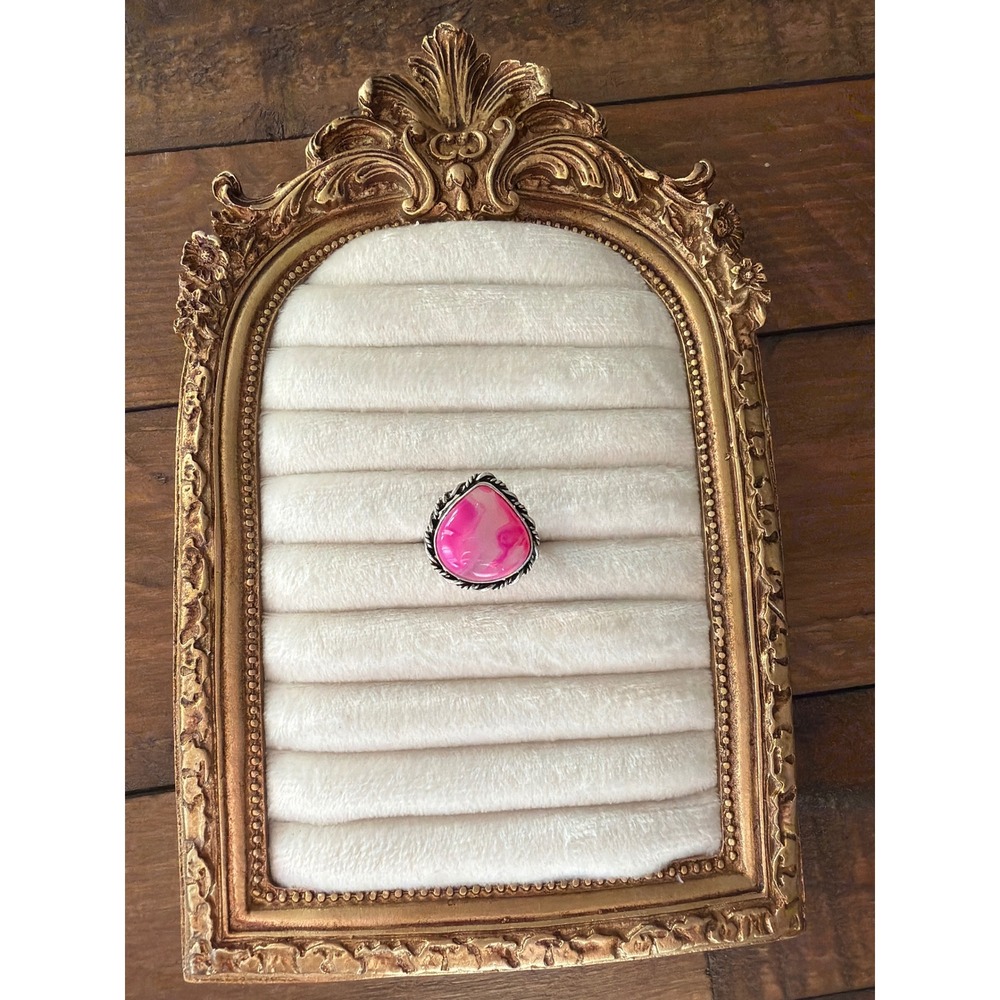 925 Sterling Silver Pink Teardrop Statement Ring Size 10.25 Boho Rope Border
